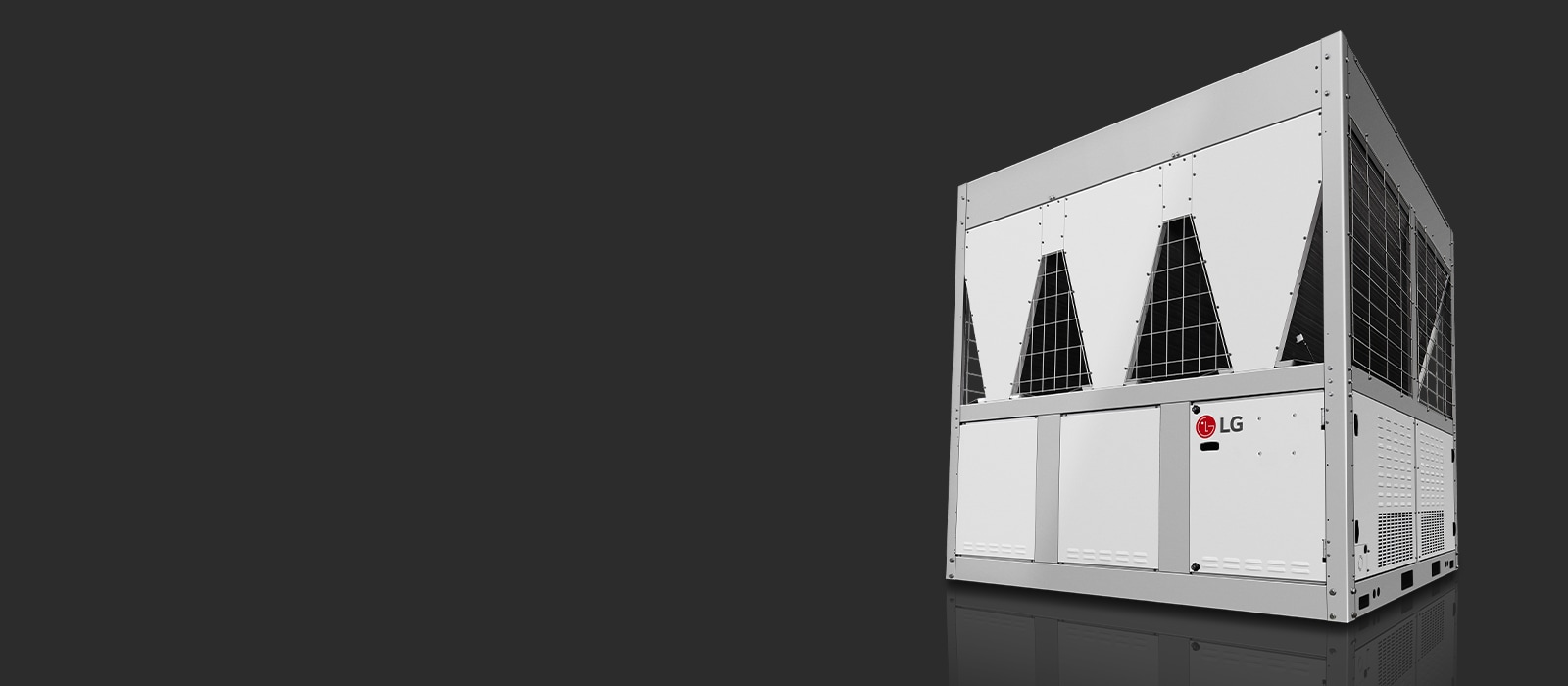 LG air-cooled inverter scroll chiller on a dark background, highlighting its modern design and advanced climate control features.