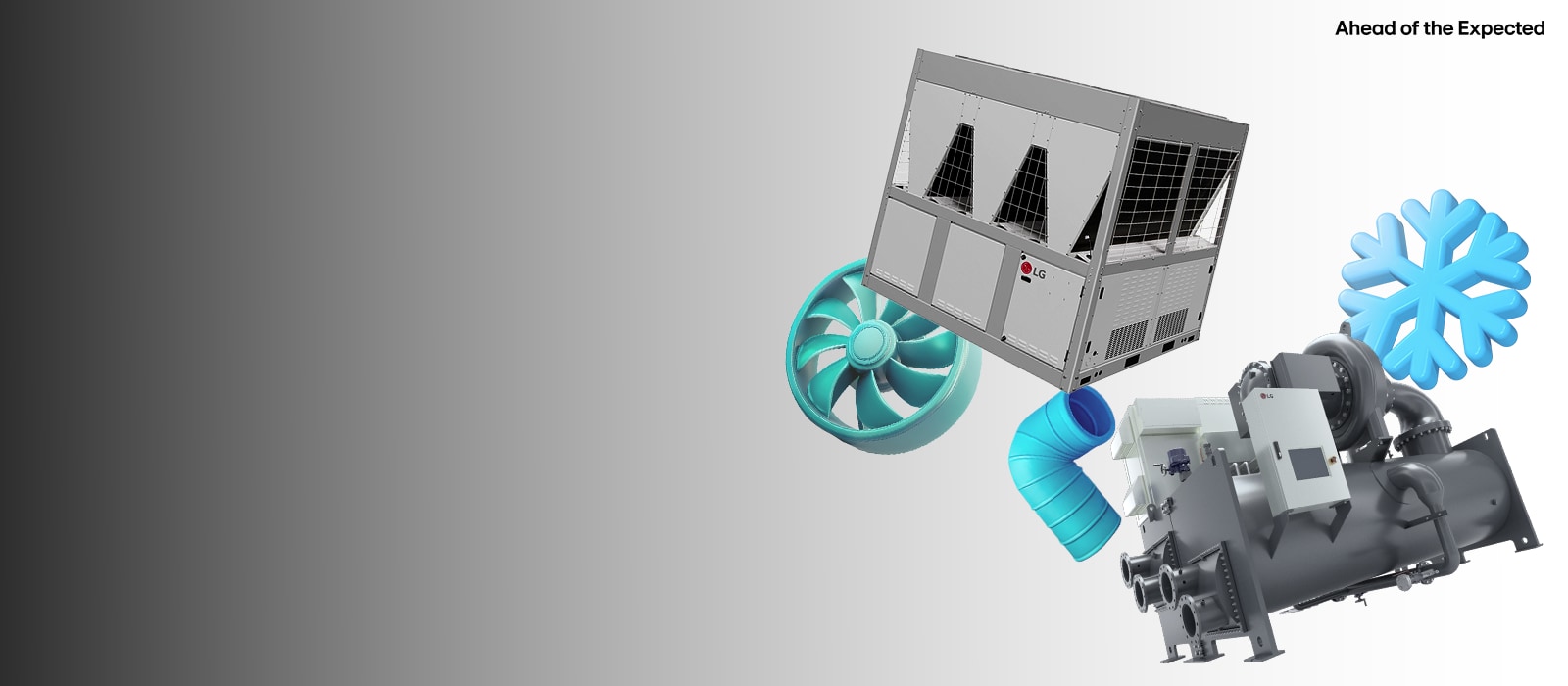 HVAC components including chiller, fan, duct, and rooftop unit, representing advanced cooling and ventilation systems.