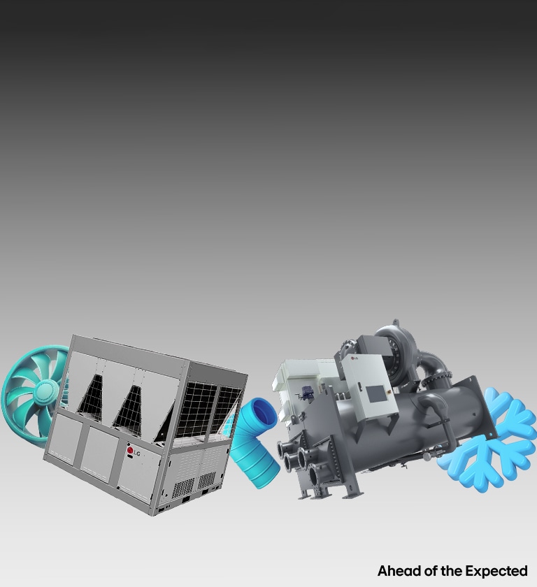 HVAC components including chiller, fan, duct, and rooftop unit, representing advanced cooling and ventilation systems.