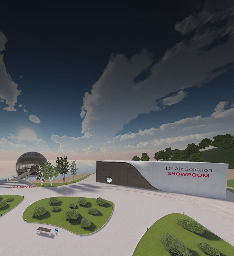 The front view of LG Air Solution Showroom from the center park, with blue and cloudy sky and ocean on the background