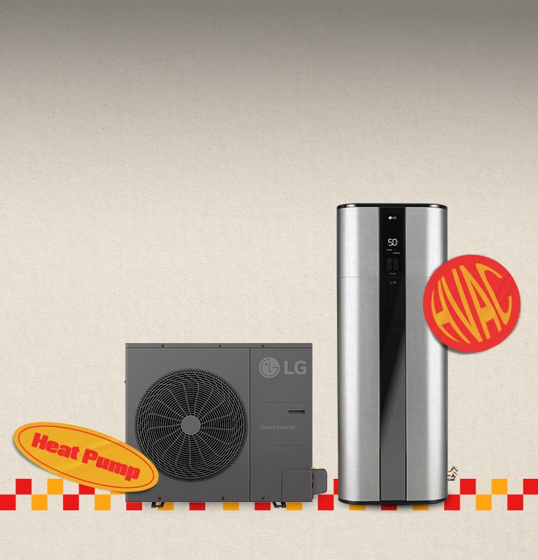 LG HVAC and heat pump units with 'Dual Inverter' label, set against gradient background and slogan 'Ahead of the Expected