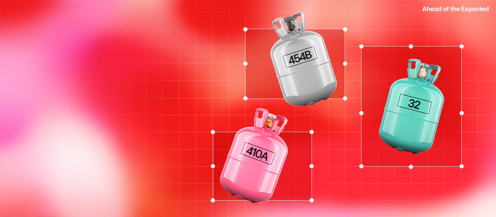 Three refrigerant tanks labeled 454B, 410A, and 32 with 'Ahead of the Expected' headline.