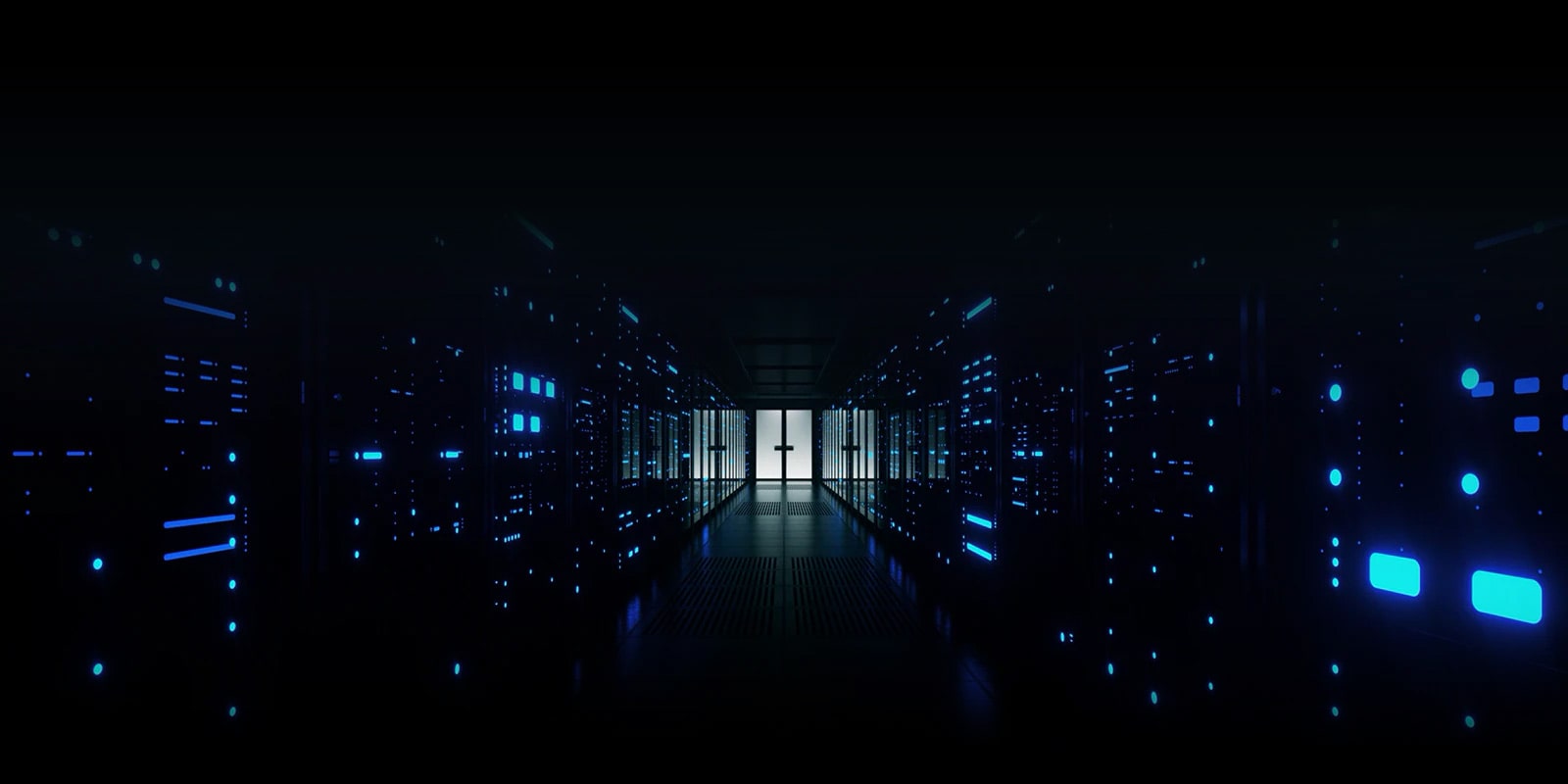 A modern, dark-lit data center corridor with rows of glowing server racks, highlighting LG’s data center cooling solutions.