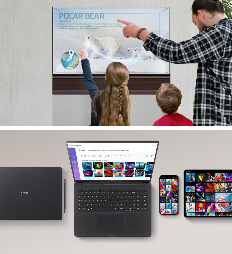 Two images are applied in a split. On the left, Transparent OLED signage is placed, and there is a scene where museum visitors are pointing at the display. On the right, there is a scene where the LG gram's gram Link is used with the LG gram, tablet PC, and smartphone.