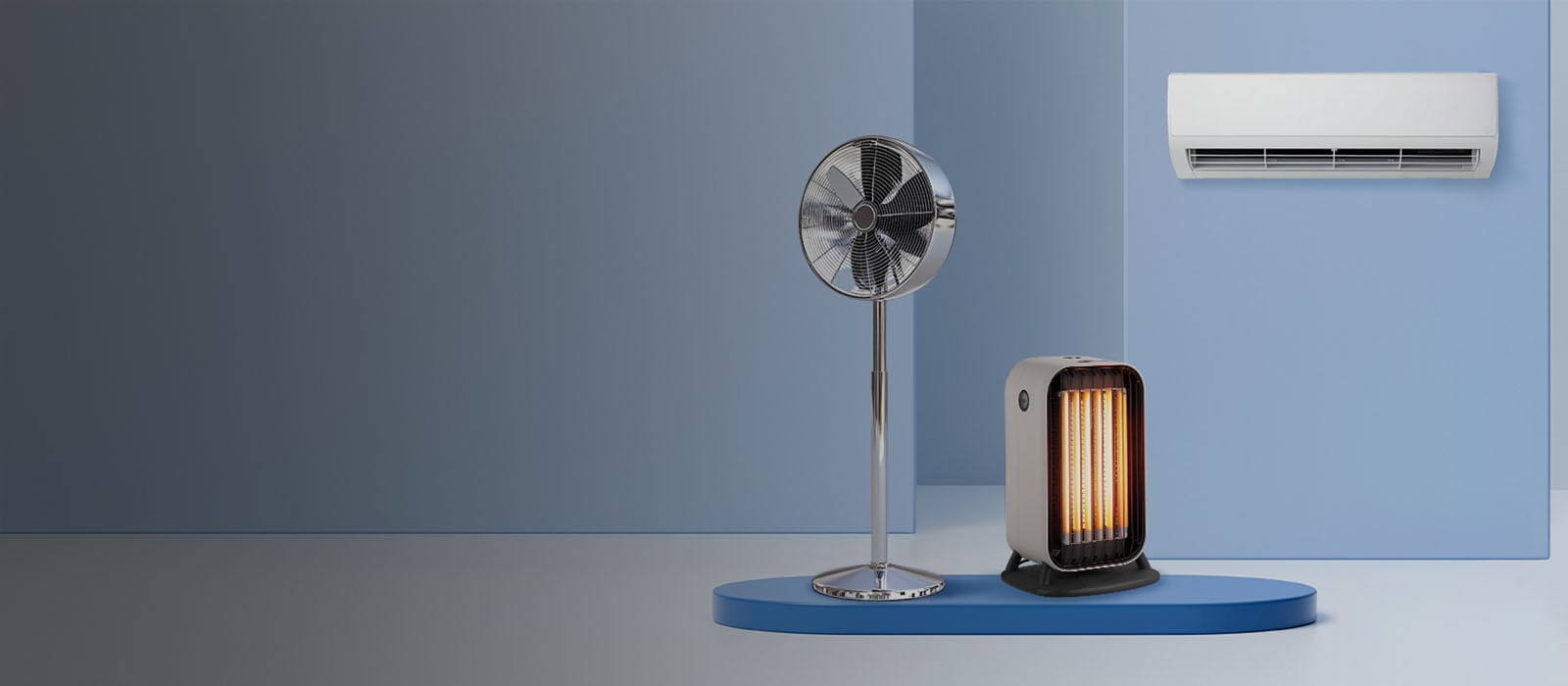 The picture shows an electric fan, a heater, and an Air Conditioner displayed on a pastel blue background. 