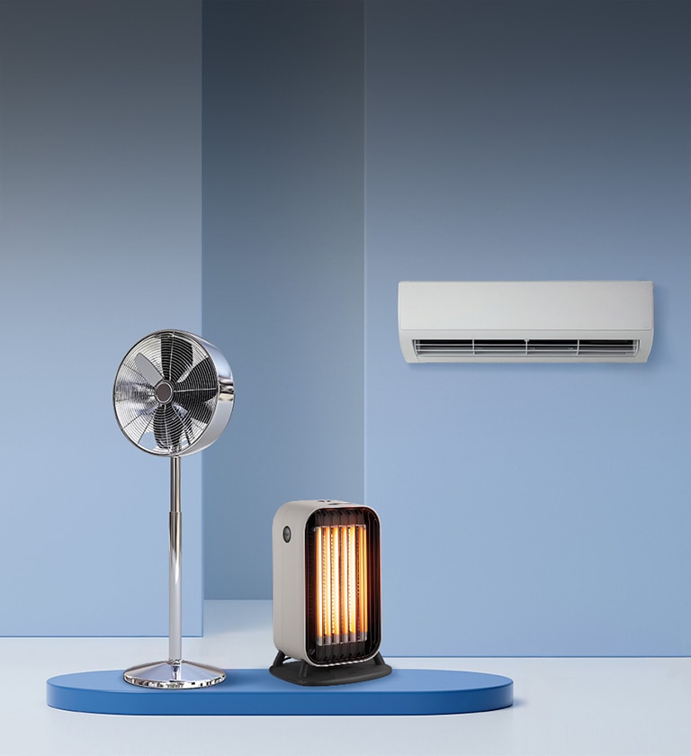 The picture shows an electric fan, a heater, and an Air Conditioner displayed on a pastel blue background. 