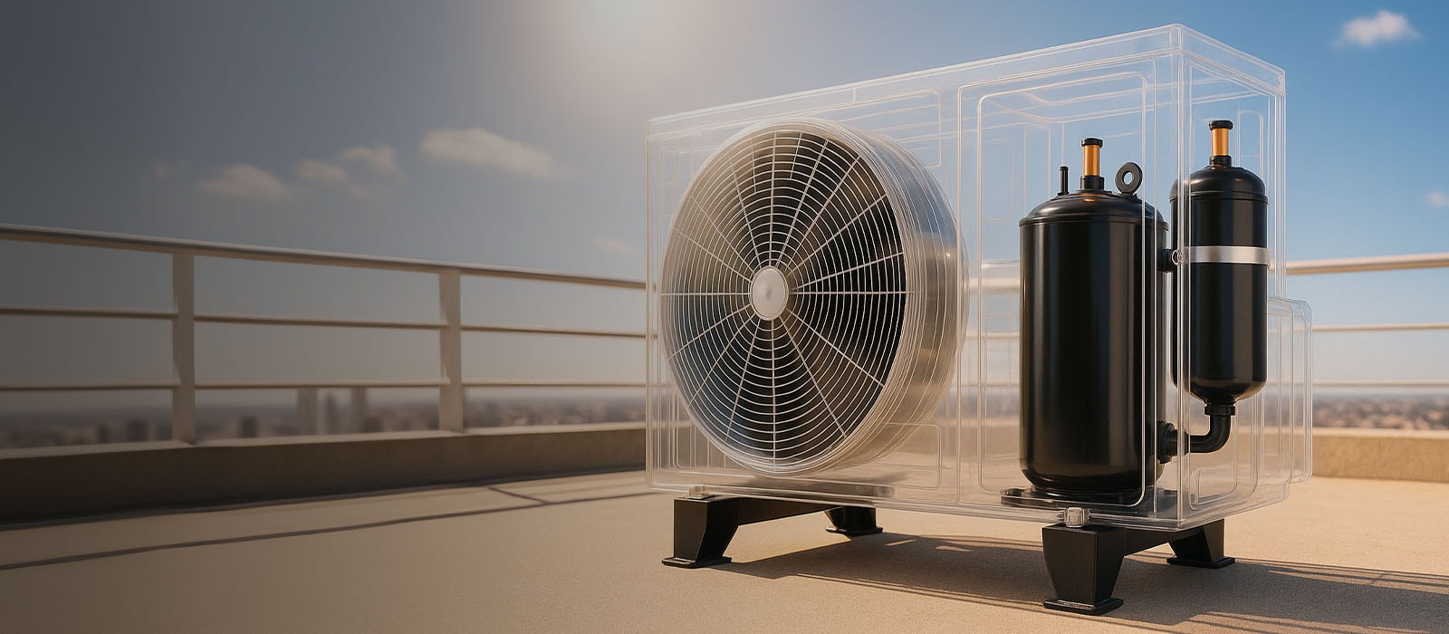 transparent rooftop AC unit showing internal fan and compressor, with clear sky and cityscape in the background