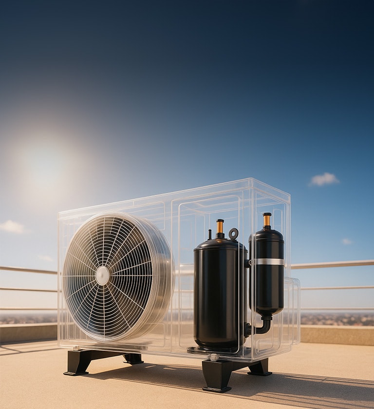 transparent rooftop AC unit showing internal fan and compressor, with clear sky and cityscape in the background