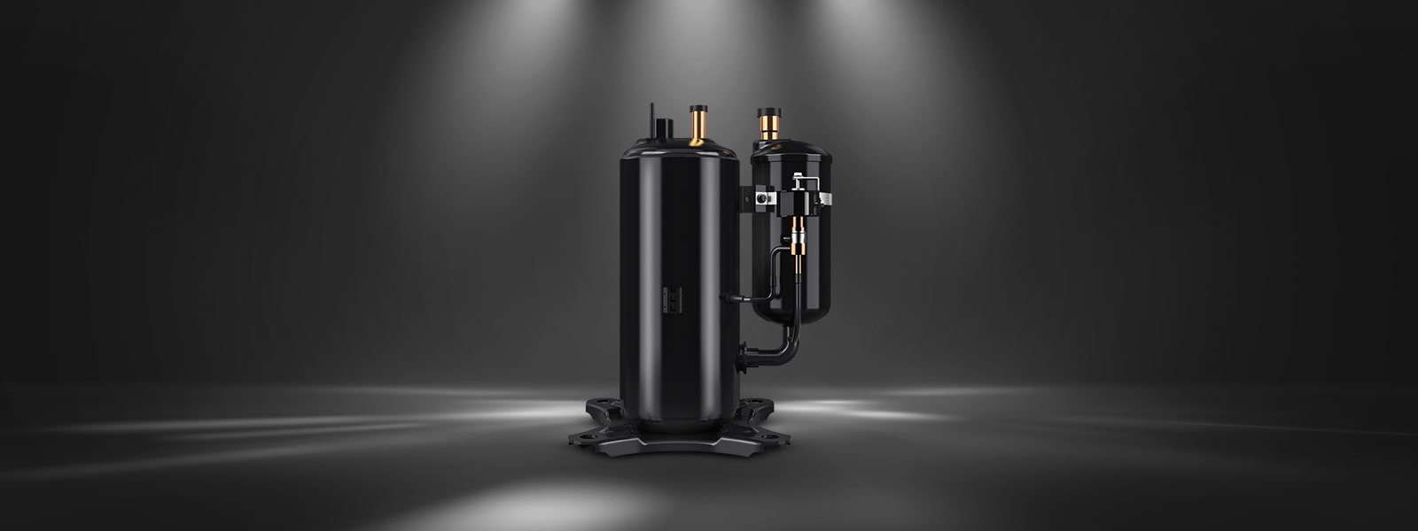 LG's UniRotary? compressor in black with metallic accents is highlighted under lighting.