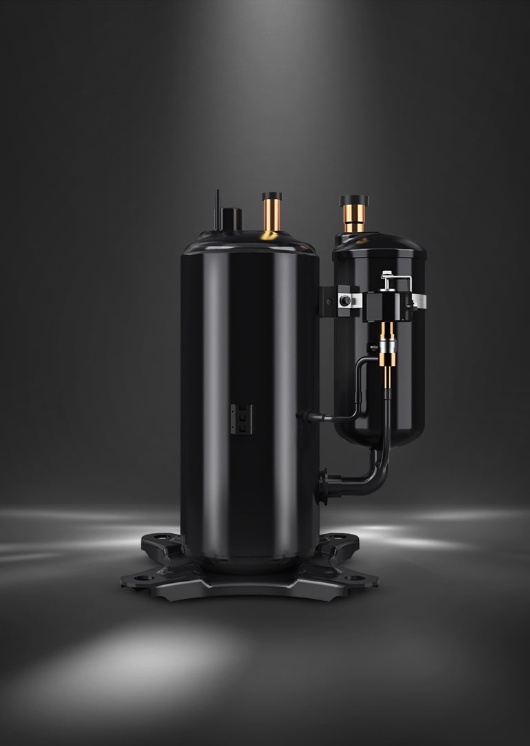 LG's UniRotary? compressor in black with metallic accents is highlighted under lighting.