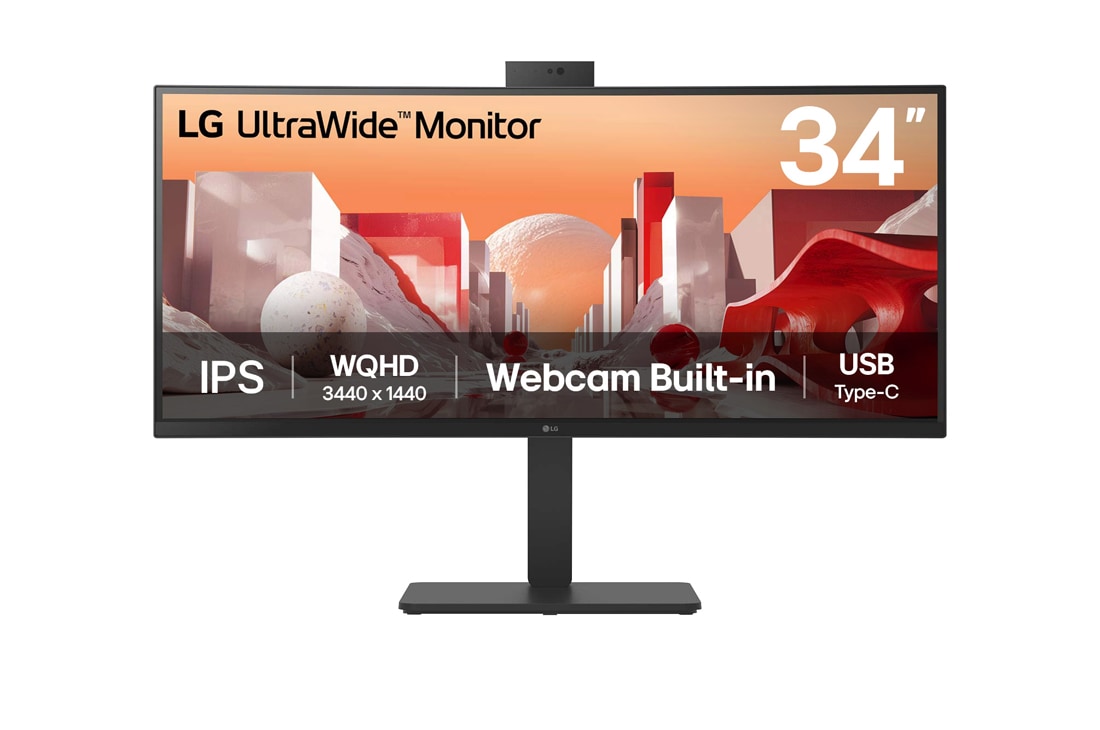 LG 34'' UltraWide QHD Curved IPS Monitor with Built-in FHD webcam and USB Type-C?, front view with webcam, 34BA85QE