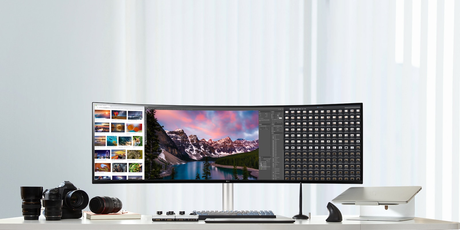 It shows the 49WQ95C that displays much more image sources and windows at once, save time for visual work.