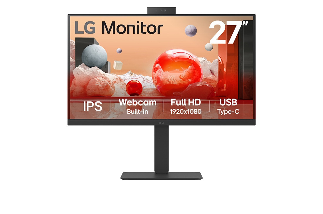 LG 27” Full HD IPS Monitor with Built-in FHD webcam and USB Type-C?, front view with webcam, 27BA850