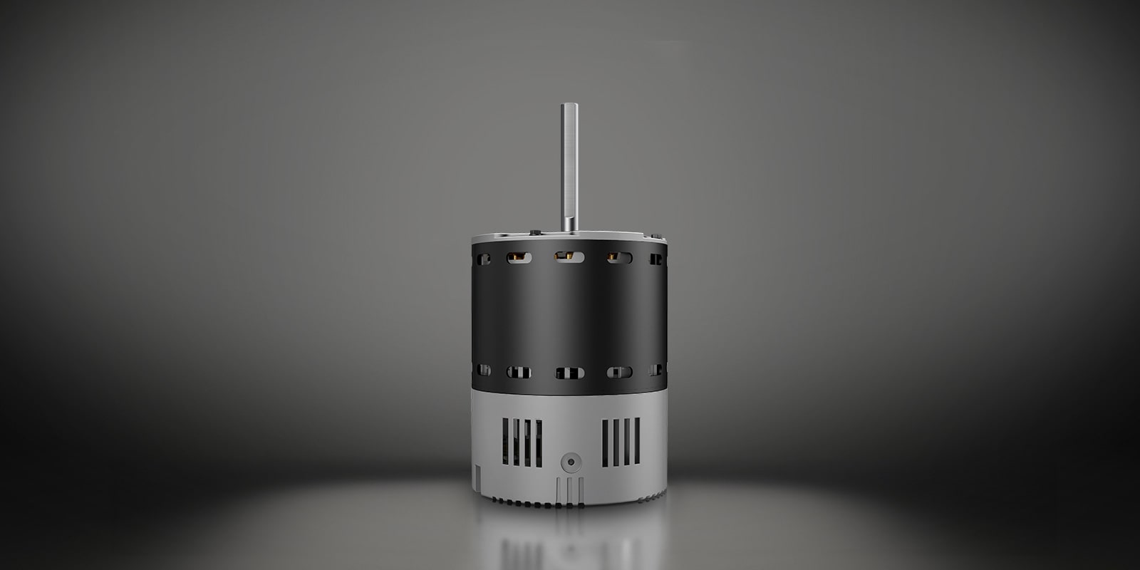 Front-facing view of an LG EC motor component on a flat surface, highlighting its metallic cylindrical body, central output shaft, and black top housing with visible wiring connector.