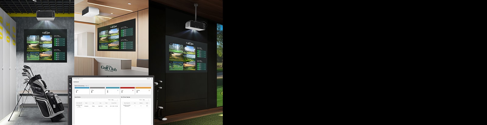 It shows the same screen in three different indoor golf spaces.
