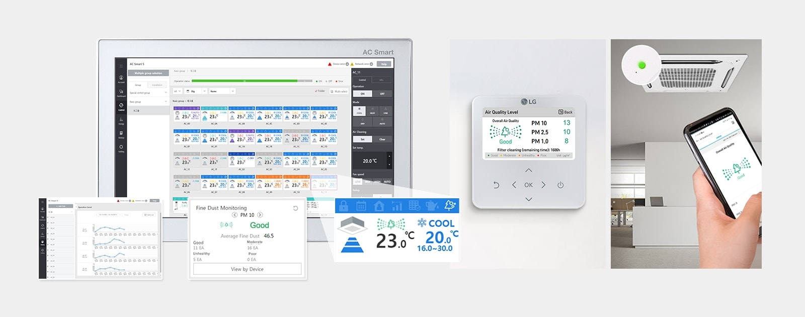 AC smart unit shows detailed air quality info. The compact unit displays concise data. A person controls the ceiling unit via LG ThinQ.
