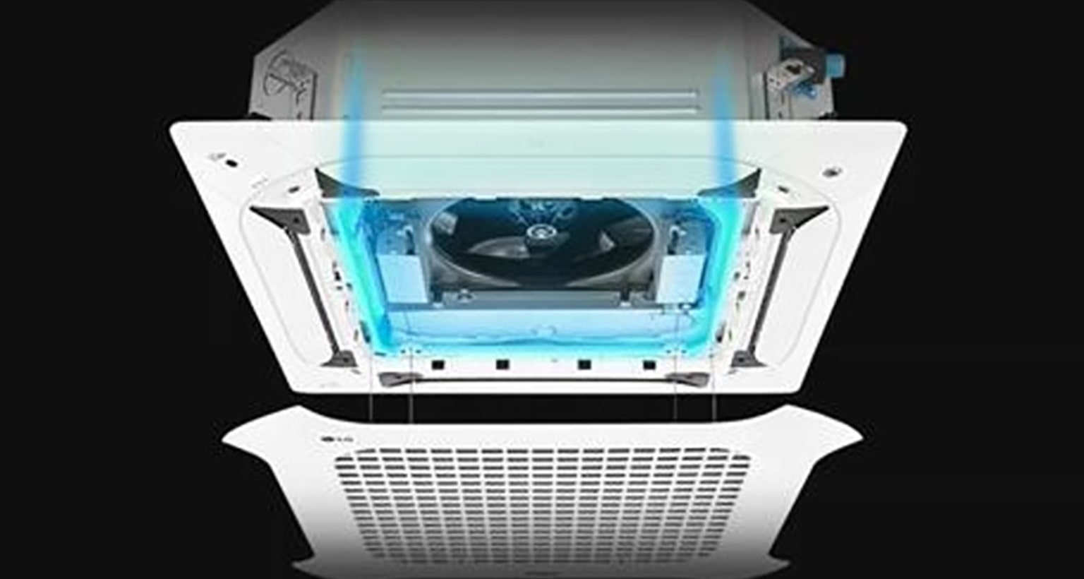 The checkered LG Dual Vane Cassette's bottom panel opens, exposing its internals. A blue highlight emphasizes airflow.