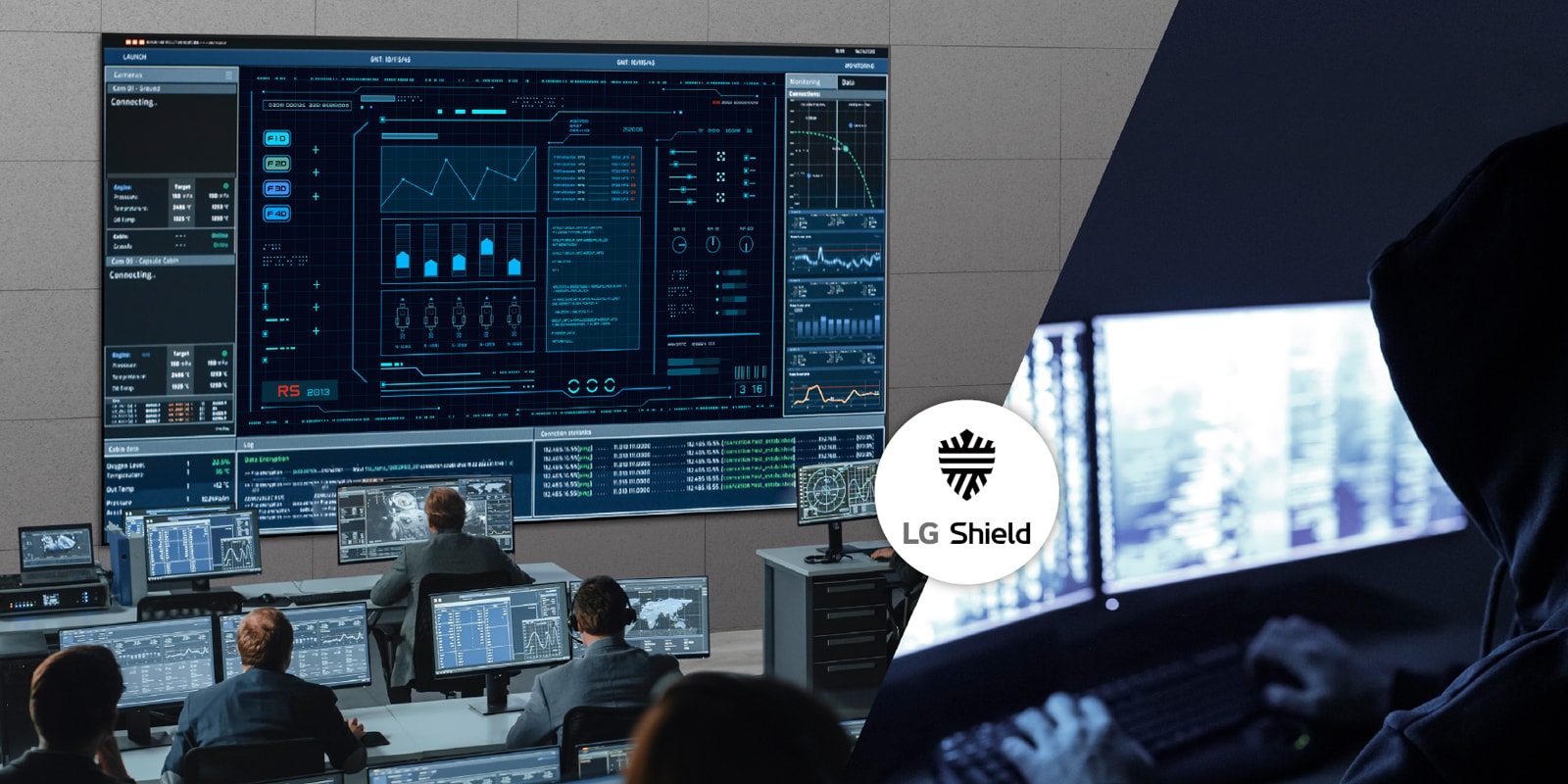 On the left, the image shows people working in a control room, while the right side depicts a hacker attempting a breach. The LG Shield logo between the two images signifies protection against breaches.