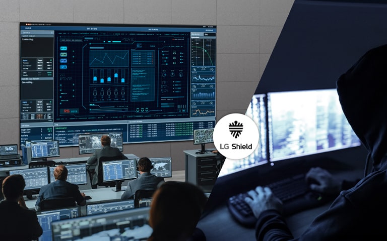 On the left, the image shows people working in a control room, while the right side depicts a hacker attempting a breach. The LG Shield logo between the two images signifies protection against breaches.