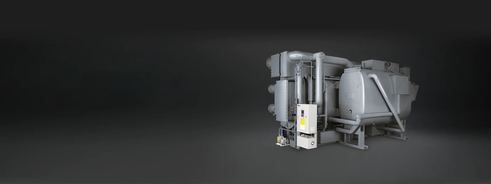 LG Absorption Chiller Hybrid Type, showcased in a dark grey hue, consists of a series of linear and cylindrical pipe assemblies.