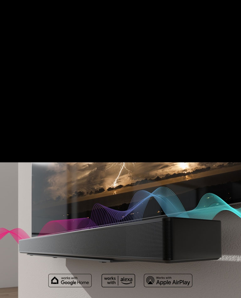 Το sound bar ε?ναι αναρτημ?νο στον το?χο, με την τηλε?ραση ακριβ?? απ? π?νω. Τα ηχητικ? κ?ματα περνο?ν αν?μεσ? του?, αλλ?ζοντα? τα χρ?ματ? του? απ? κ?κκινο σε μπλε.