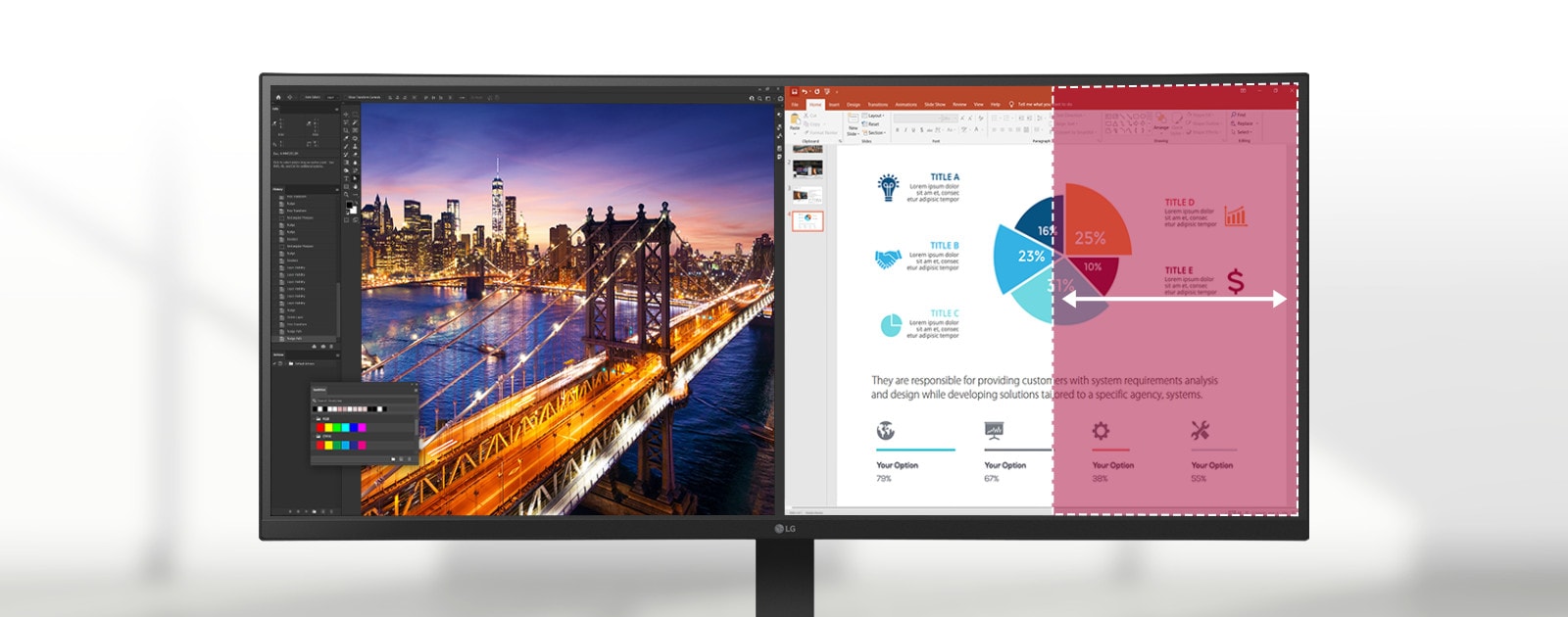 Μια κυρτ? οθ?νη 21:9 WQHD εμφαν?ζει Photoshop και PowerPoint, και η μεγ?λη οθ?νη τη? επιτρ?πει την ταυτ?χρονη χρ?ση πολλ?ν προγραμμ?των, αυξ?νοντα? την αποδοτικ?τητα τη? εργασ?α?.