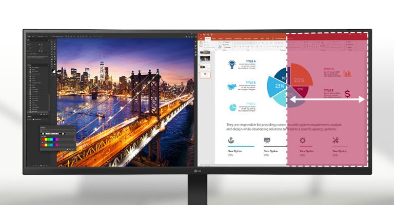 Μια κυρτ? οθ?νη 21:9 WQHD εμφαν?ζει Photoshop και PowerPoint, και η μεγ?λη οθ?νη τη? επιτρ?πει την ταυτ?χρονη χρ?ση πολλ?ν προγραμμ?των, αυξ?νοντα? την αποδοτικ?τητα τη? εργασ?α?.