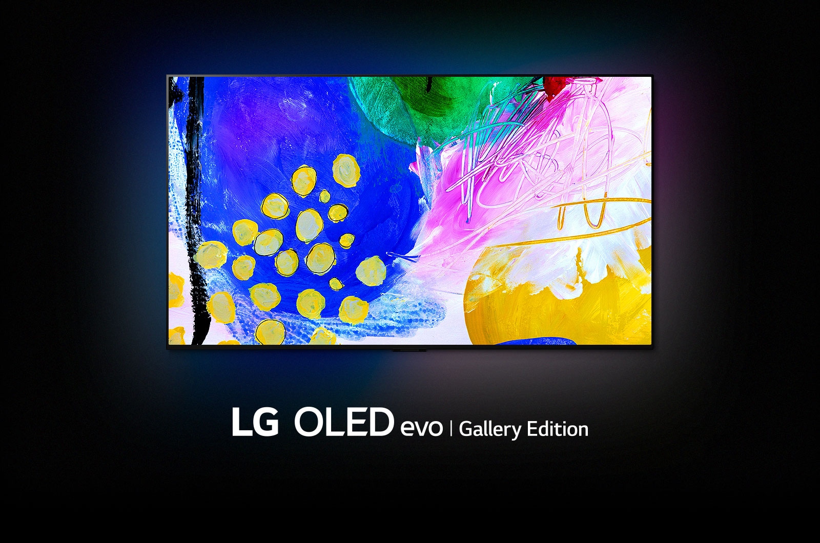 Μια LG OLED G2 βρ?σκεται σε ?να σκοτειν? δωμ?τιο με ?να πολ?χρωμο αφηρημ?νο ?ργο τ?χνη? με δι?φορα σχ?ματα στην οθ?νη τη? και τι? λ?ξει? "LG OLED evo Gallery Edition" απ? κ?τω.