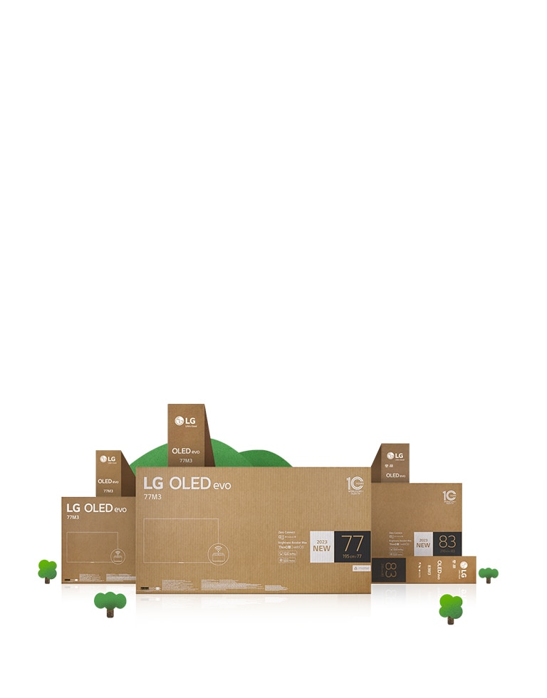Συσκευασ?α απ? χαρτ?νι LG OLED φιλικ? προ? το περιβ?λλον που απεικον?ζεται γ?ρω απ? δ?ντρα και βουν?.