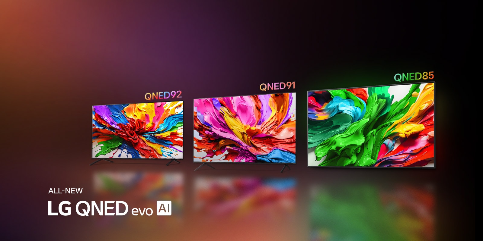 LG TV με πολ?χρωμο ?ργο τ?χνη? που αναδεικν?ει τη ν?α τεχνολογ?α αναπαραγωγ?? ζωνταν?ν και ζωηρ?ν χρωμ?των τη? LG QNED βρ?σκεται στι? οθ?νε? του?. Φα?νεται επ?ση? το λογ?τυπο τη? ΟΛΟΚΑΙΝΟΥΡΓΙΑΣ LG QNED evo AI.
