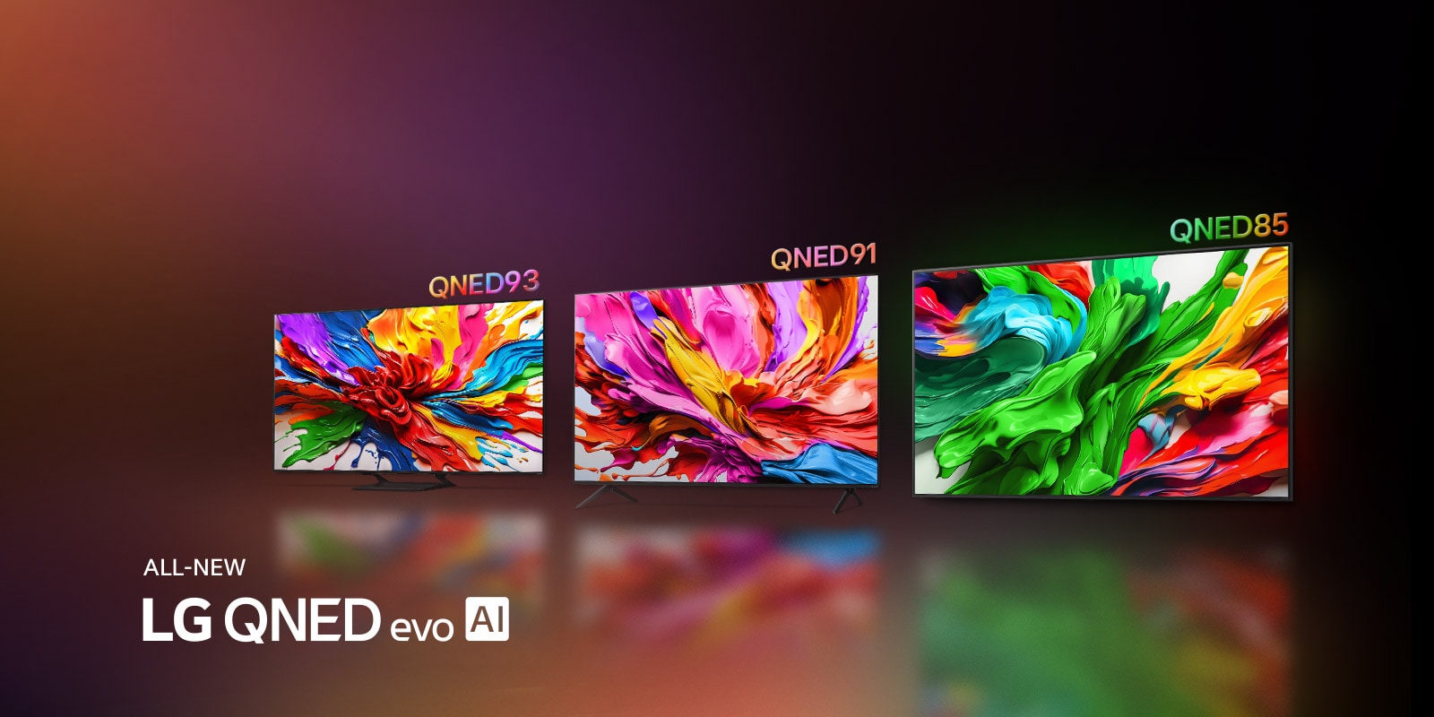 LG TV με πολ?χρωμο ?ργο τ?χνη? που αναδεικν?ει τη ν?α τεχνολογ?α αναπαραγωγ?? ζωνταν?ν και ζωηρ?ν χρωμ?των τη? LG QNED βρ?σκεται στι? οθ?νε? του?. Φα?νεται επ?ση? το λογ?τυπο τη? ΟΛΟΚΑΙΝΟΥΡΓΙΑΣ LG QNED evo AI.