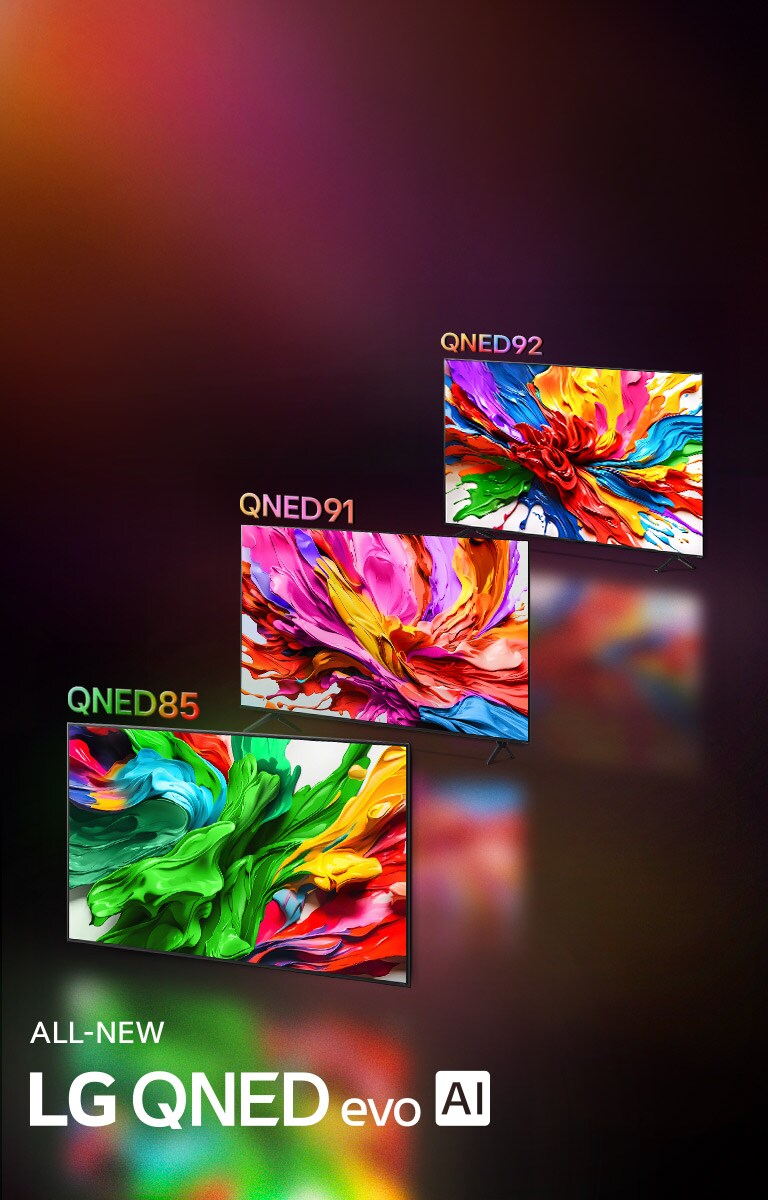 LG TV με πολ?χρωμο ?ργο τ?χνη? που αναδεικν?ει τη ν?α τεχνολογ?α αναπαραγωγ?? ζωνταν?ν και ζωηρ?ν χρωμ?των τη? LG QNED βρ?σκεται στι? οθ?νε? του?. Φα?νεται επ?ση? το λογ?τυπο τη? ΟΛΟΚΑΙΝΟΥΡΓΙΑΣ LG QNED evo AI.
