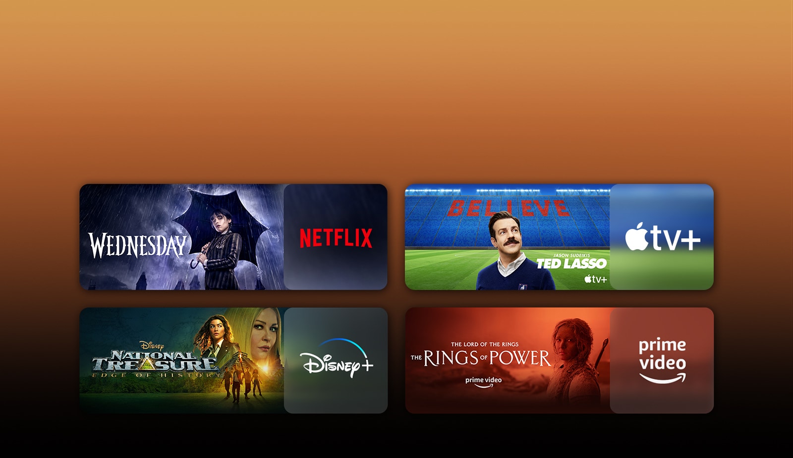 Λογ?τυπα των πλατφορμ?ν υπηρεσι?ν streaming και αντ?στοιχο υλικ? ακριβ?? δ?πλα σε κ?θε λογ?τυπο. Εμφαν?ζονται εικ?νε? των σειρ?ν Wednesday του Netflix, TED LASSO του Apple TV και The rings of power του PRIME VIDEO.