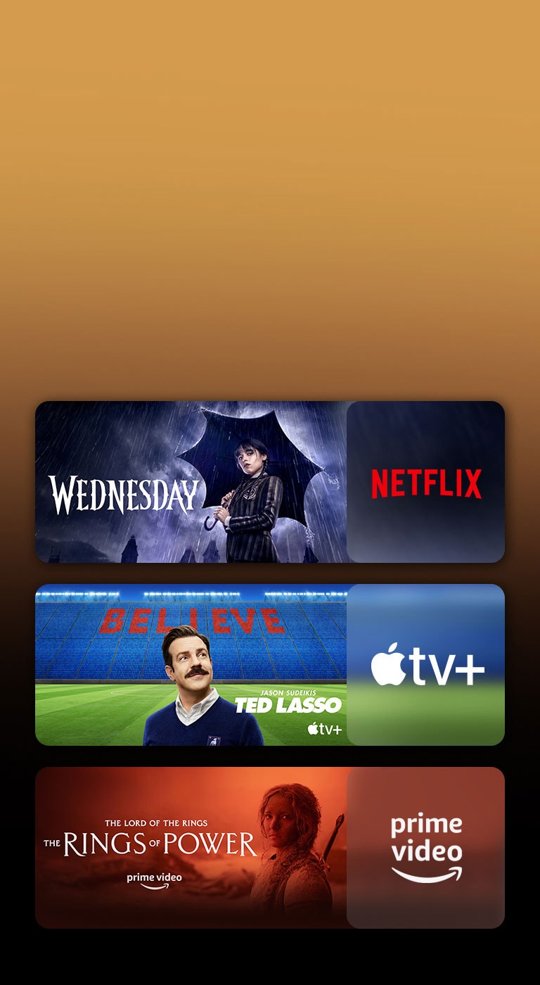Λογ?τυπα των πλατφορμ?ν υπηρεσι?ν streaming και αντ?στοιχο υλικ? ακριβ?? δ?πλα σε κ?θε λογ?τυπο. Εμφαν?ζονται εικ?νε? των σειρ?ν Wednesday του Netflix, TED LASSO του Apple TV και The rings of power του PRIME VIDEO.