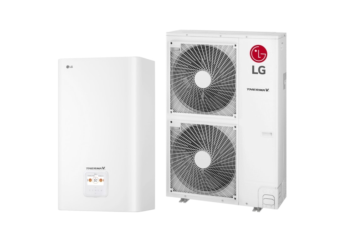 LG R410A Split Hydro Box, 3?, 16kW, Δεξι? πλα?ν? ?ψη 45 μοιρ?ν εν?? λευκο? ορθογων?ου εσωτερικ?? μον?δα? IWT και μια? εξωτερικ?? μον?δα? με δ?ο κυκλικο?? ανεμιστ?ρε? που προβ?λλονται δ?πλα-δ?πλα., HN1636M NK5 + HU163MA U33