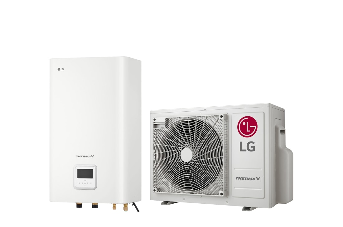 LG R32 Split 4/6 kW Hydro Box, 1?, 6kW, Δεξι? πλα?ν? ?ψη 45 μοιρ?ν εν?? λευκο? ορθογων?ου εσωτερικ?? μον?δα? IWT και μια? επιδαπ?δια? εξωτερικ?? μον?δα? με ?ναν κυκλικ? ανεμιστ?ρα που προβ?λλονται δ?πλα-δ?πλα., HN0613M NK5 + HU061MR U20