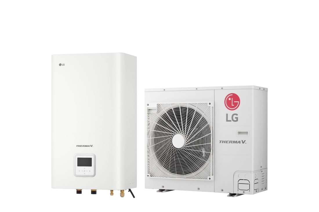 LG R32 Split 5/7/9 kW Hydro Box, 1?, 7kW, Δεξι? πλα?ν? ?ψη 45 μοιρ?ν εν?? λευκο? ορθογων?ου εσωτερικ?? μον?δα? IWT και μια? επιδαπ?δια? εξωτερικ?? μον?δα? με ?ναν κυκλικ? ανεμιστ?ρα που προβ?λλονται δ?πλα-δ?πλα., HN091MR NK5 + HU071MR U44