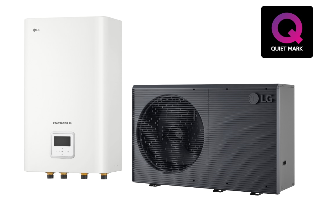 LG R290 Monobloc +  Hydro Unit, 1?, 12kW, Αντλ?α θερμ?τητα? α?ρα/νερο? THERMA V τη? LG, μα?ρη εξωτερικ? μον?δα σχεδιασμ?νη με γκρι κυματιστ? πλ?γμα, HN1616HC NK0 + HM121HF UB60