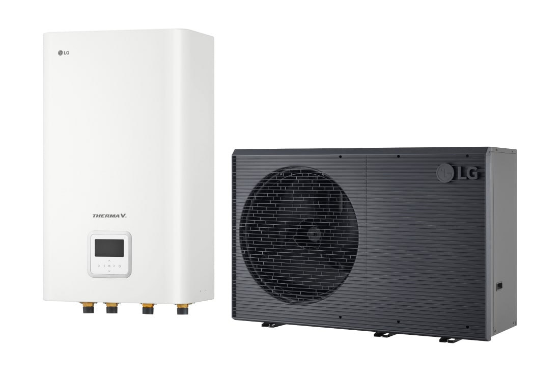 LG R290 Monobloc +  Hydro Unit, 3?, 16kW, Αντλ?α θερμ?τητα? α?ρα/νερο? THERMA V τη? LG, μα?ρη εξωτερικ? μον?δα σχεδιασμ?νη με γκρι κυματιστ? πλ?γμα	, HN1639HC NK0 + HM163HF UB60