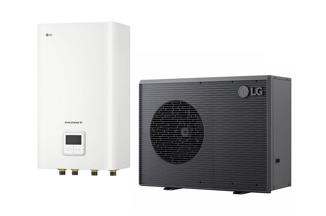 LG R290 Monobloc + Hydro Unit, 3?, 9kW, Αντλ?α θερμ?τητα? α?ρα/νερο? THERMA V τη? LG, μα?ρη εξωτερικ? μον?δα σχεδιασμ?νη με γκρι κυματιστ? πλ?γμα, HM093HF UB40 + HN1639HC NK0