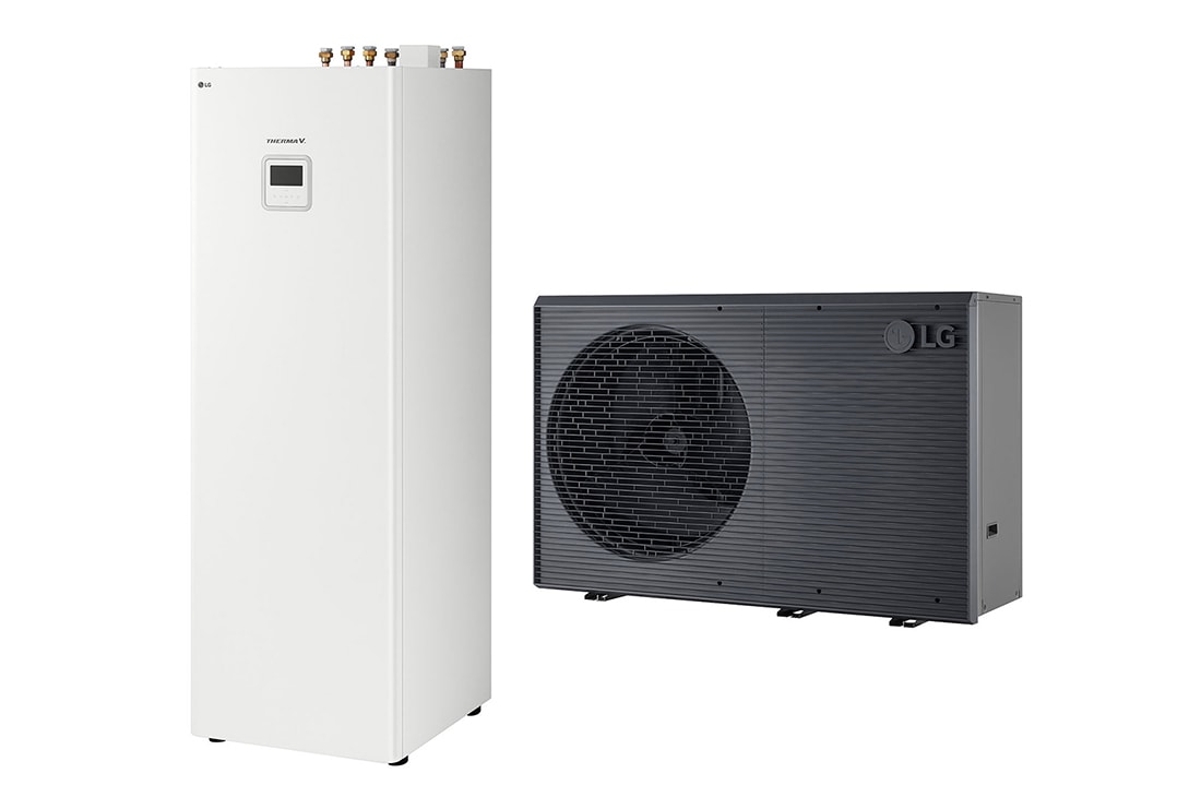 LG R290 Monobloc + Μον?δα Comb, 1?, 14kW, Αντλ?α θερμ?τητα? α?ρα/νερο? THERMA V τη? LG, μα?ρη εξωτερικ? μον?δα σχεδιασμ?νη με γκρι κυματιστ? πλ?γμα, HM141HF UB60 + HN1616HY NK0