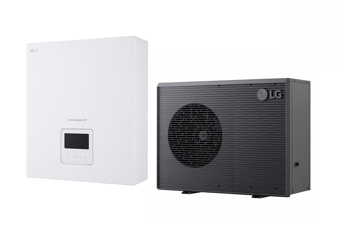 LG R290 Monobloc + Μον?δα Ελ?γχου, 1?, 7kW, Αντλ?α θερμ?τητα? α?ρα/νερο? THERMA V τη? LG, μα?ρη εξωτερικ? μον?δα σχεδιασμ?νη με γκρι κυματιστ? πλ?γμα, HM071HF UB40 + PHCS0 ENCXLEU