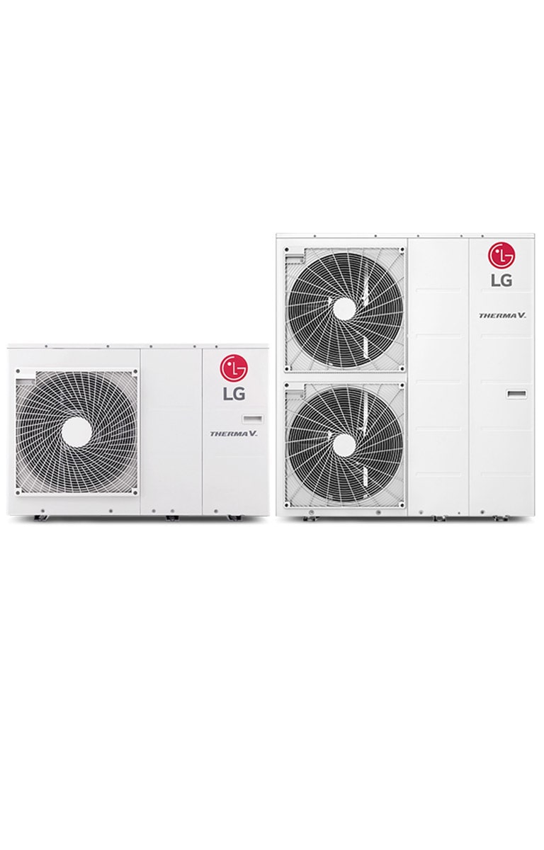 LG THERMA V Hydrosplit units line up. The Hydro box and Integrated water tank are on the left and right, and the outdoor unit is at the center.