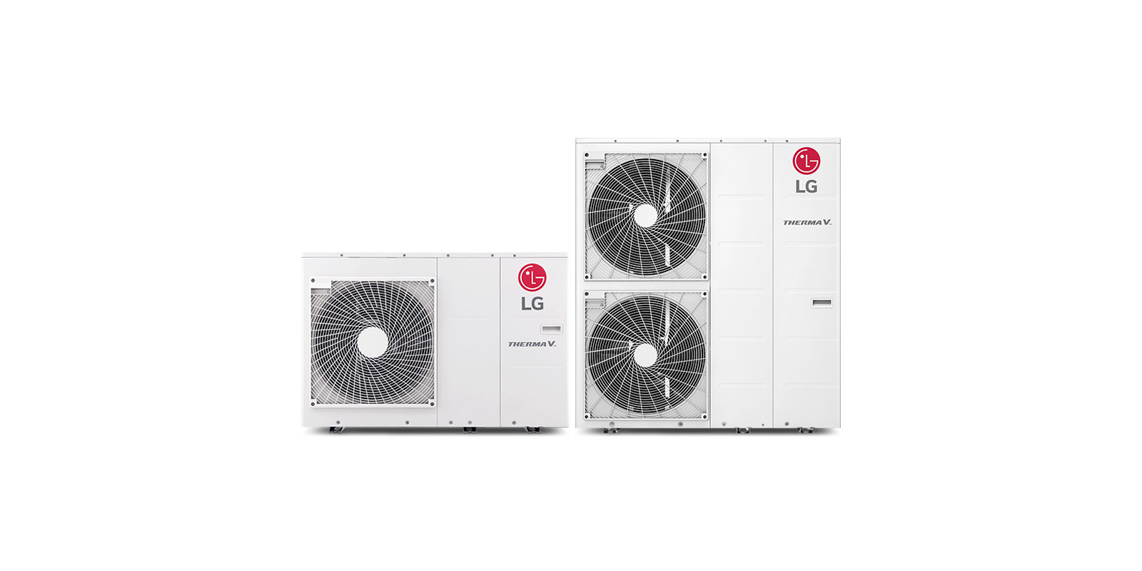 LG THERMA V Hydrosplit units line up. The Hydro box and Integrated water tank are on the left and right, and the outdoor unit is at the center.