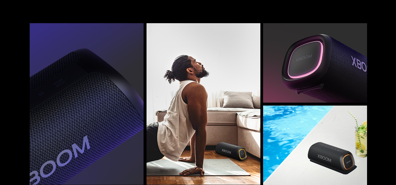 Κολ?γιο. Απ? τα αριστερ?, ?να κοντιν? πλ?νο του LG XBOOM Go XG5. Στη συν?χεια, εμφαν?ζεται η εικ?να εν?? ?νδρα που κ?νει γι?γκα, με ?να LG XBOOM Go XG5 τοποθετημ?νο στο στρ?μα. Στα δεξι?, απ? π?νω προ? τα κ?τω: κοντιν? πλ?νο του ηχε?ου με ροζ φωτισμ?. Το ηχε?ο με πορτοκαλ? φωτισμ? και μια λεμον?δα ε?ναι τοποθετημ?να στην ?κρη τη? πισ?να?.
