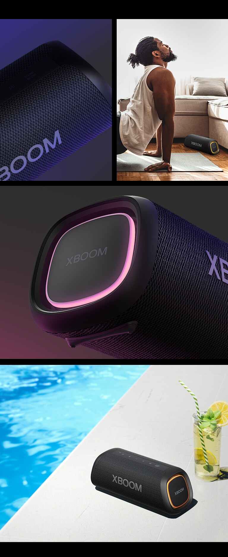 Κολ?γιο. Απ? τα αριστερ?, ?να κοντιν? πλ?νο του LG XBOOM Go XG5. Στη συν?χεια, εμφαν?ζεται η εικ?να εν?? ?νδρα που κ?νει γι?γκα, με ?να LG XBOOM Go XG5 τοποθετημ?νο στο στρ?μα. Στα δεξι?, απ? π?νω προ? τα κ?τω: κοντιν? πλ?νο του ηχε?ου με ροζ φωτισμ?. Το ηχε?ο με πορτοκαλ? φωτισμ? και μια λεμον?δα ε?ναι τοποθετημ?να στην ?κρη τη? πισ?να?.