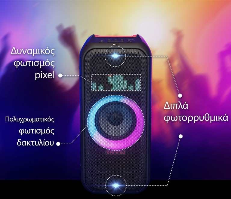 Μπροστιν? ?ψη του ηχε?ου. Υπ?ρχει μια γραμμ? για την ενημ?ρωση κ?θε μ?ρου? του φωτισμο?. Π?νω και κ?τω υπ?ρχουν διπλ? φωτορρυθμικ?. Στη μ?ση, ε?ναι αναμμ?νο? ροζ και κυαν?? διαβαθμισμ?νο? πολυχρωματικ?? φωτισμ?? δακτυλ?ου. Απ? π?νω φα?νεται ο δυναμικ?? φωτισμ?? pixel, που απεικον?ζει χαρακτ?ρα κ?κτου.