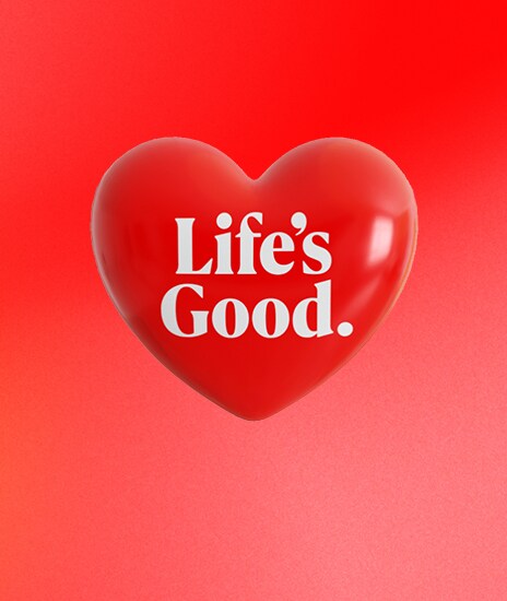 Το λογ?τυπο Life’s Good εμφαν?ζεται μ?σα σε μια λαμπερ? κ?κκινη καρδι?.