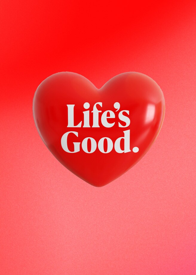 Το λογ?τυπο Life’s Good εμφαν?ζεται μ?σα σε μια λαμπερ? κ?κκινη καρδι?.