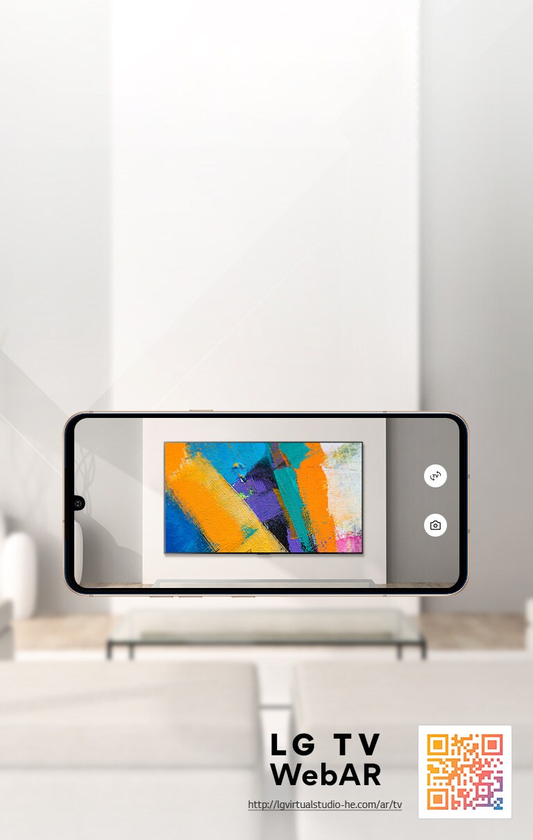 Αυτ? ε?ναι μια εικ?να προσομο?ωση? Web AR τη? LG OLED TV. Οι εικ?νε? του κινητο? τηλεφ?νου επικαλ?πτονται σε ?ναν μινιμαλιστικ? χ?ρο. Υπ?ρχει ?να? κωδικ?? QR στην κ?τω δεξι? πλευρ?.